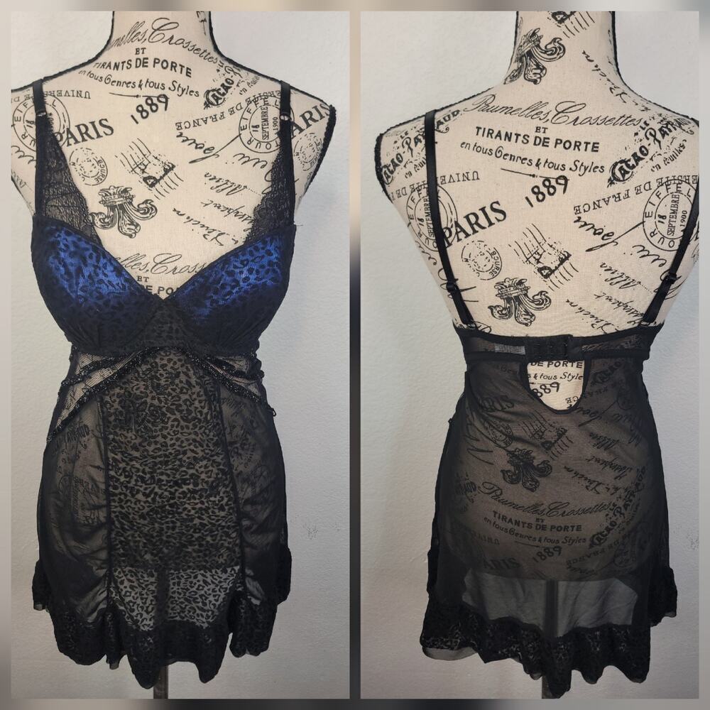 Rampage Chemise Dress 3Sz Small Mesh Lace Overlaid Fairy Black Leopard Blings